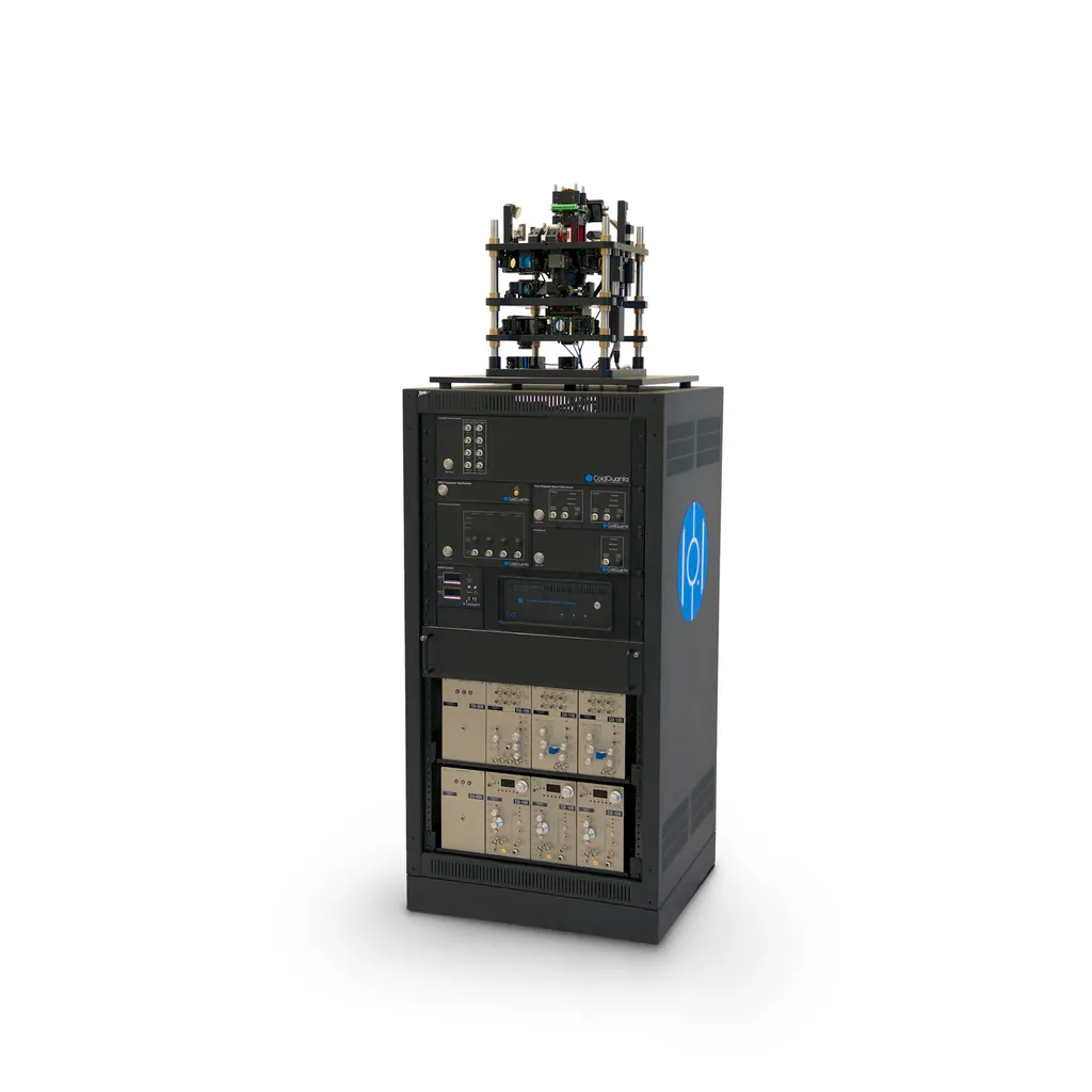 Render of a black equipment rack cart with ColdQuanta electronics modules and a stacked optics assembly mounted on top