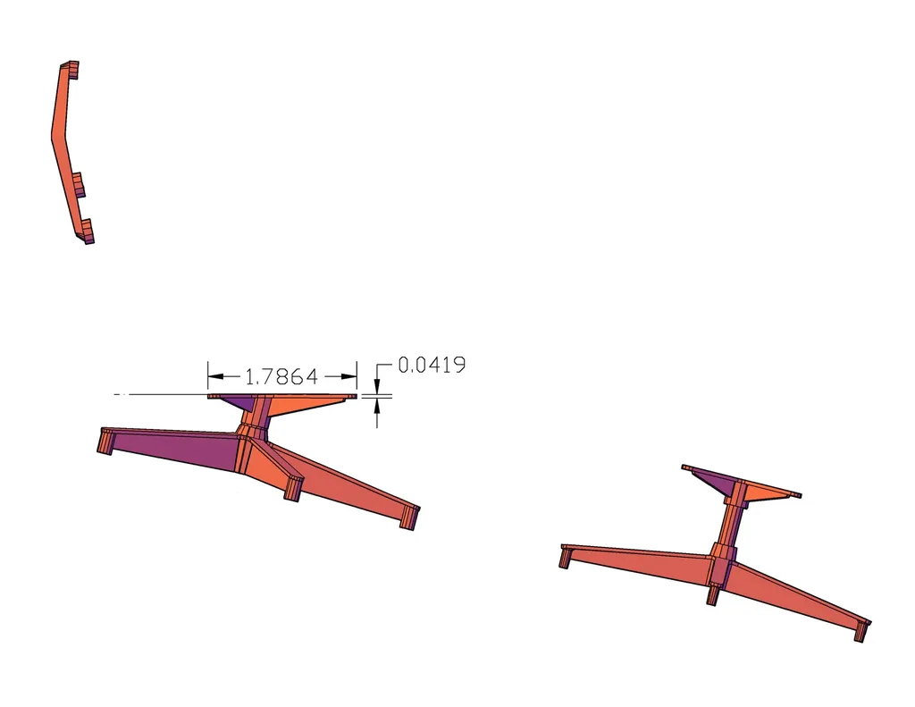 CAD drawing of the chair base in side and angled views, with the 1.7864 top plate and its 0.0419 thickness dimensioned