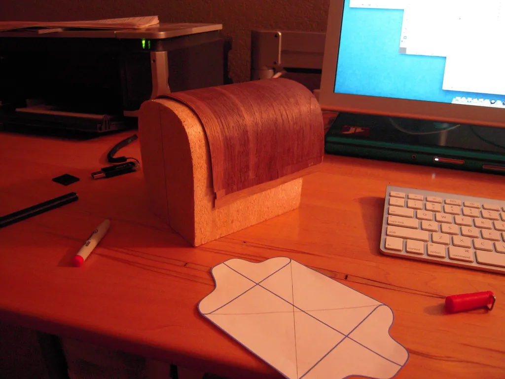 Walnut veneer laid over a rounded foam forming block on a desk, with a paper cutting template for a shell beside it
