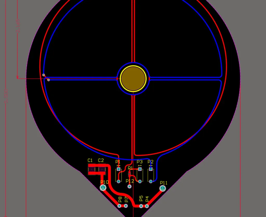 PCB layout of a round coil-alignment board with red and blue traces, a center pad, and connection points