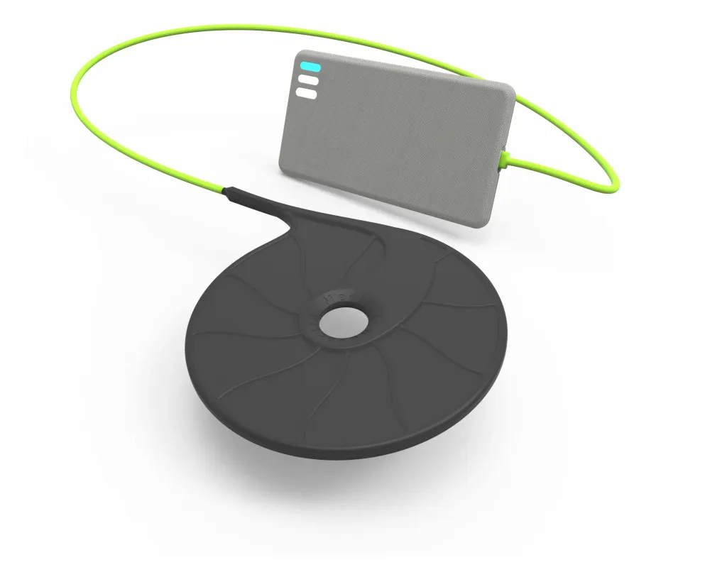 Render of the flexible paddle connected by a bright green cable to a slim grey power pack with status lights