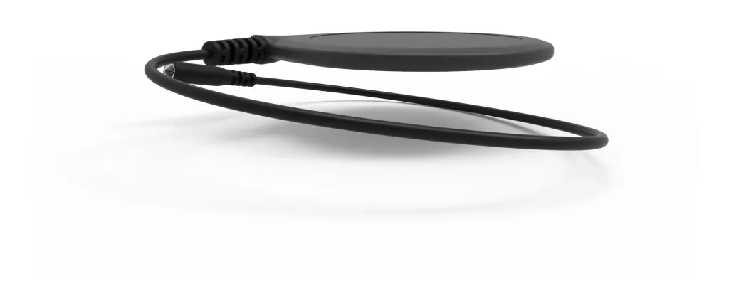 Render of a thin, black rigid paddle with a ribbed strain relief and coiled cable
