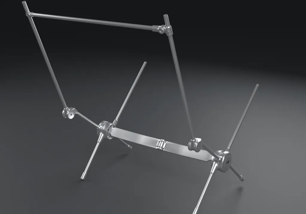 Studio render of the Micro Chair's aluminum frame, unfolded, with the poles meeting at the hubs