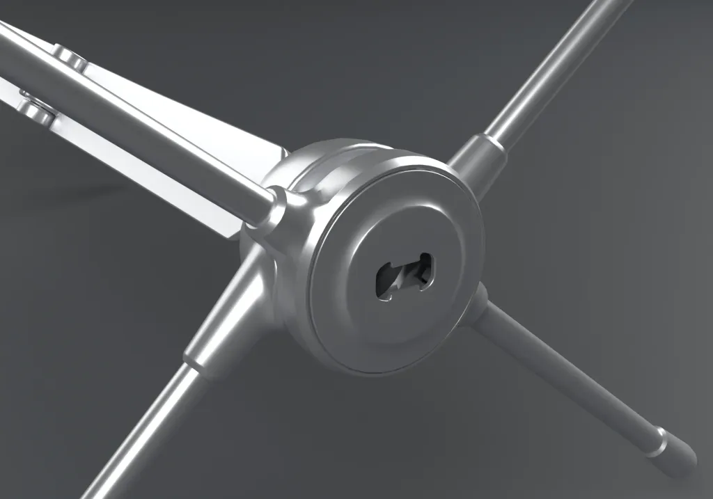 Close-up render of one aluminum hub where the leg, seat and arm poles meet