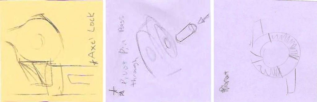 Three pencil sketches on sticky notes: an axle lock, a pivot-pin boss with the pin passing through, and a ringed hub pivot