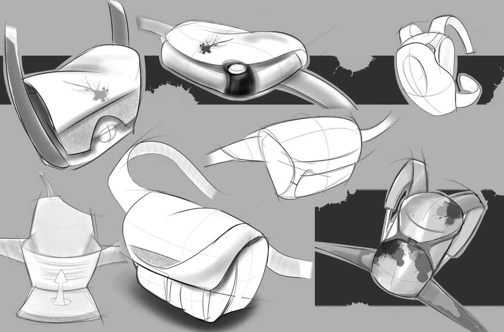 Sheet of grayscale concept sketches exploring bag shapes and carry positions