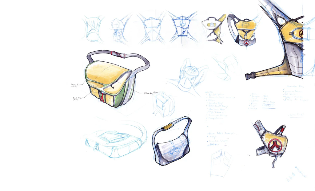 Marker process sketches of the bag's form and closure