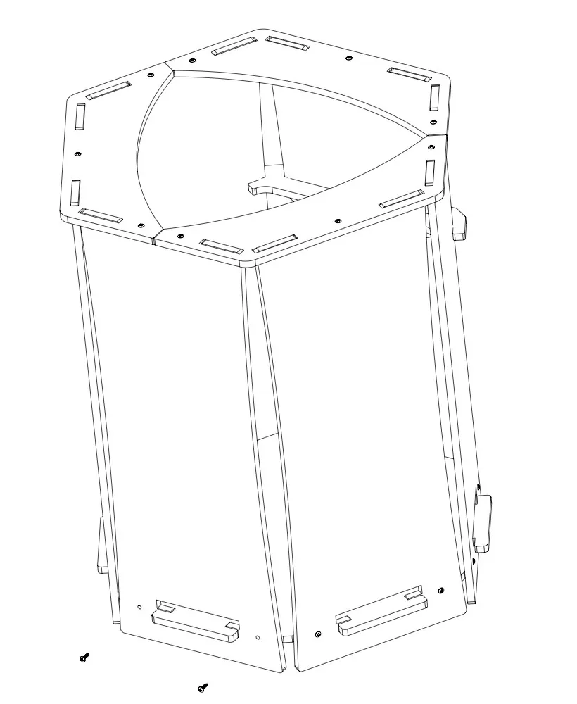 Isometric CAD line drawing of the assembled Cozy Cubby: a hexagonal enclosure of curved wall panels topped by a hexagonal ring