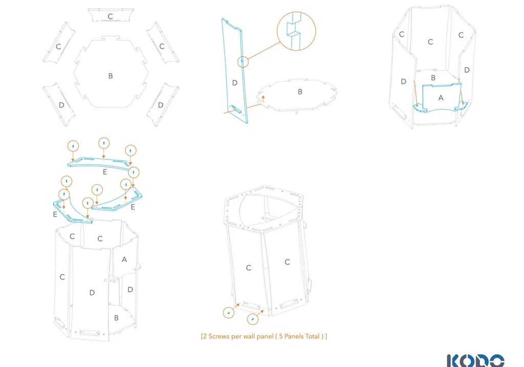 Cozy Cubby assembly steps: wall panels slotted into the hexagonal floor, door panel added, top rails screwed on, and the finished cubby