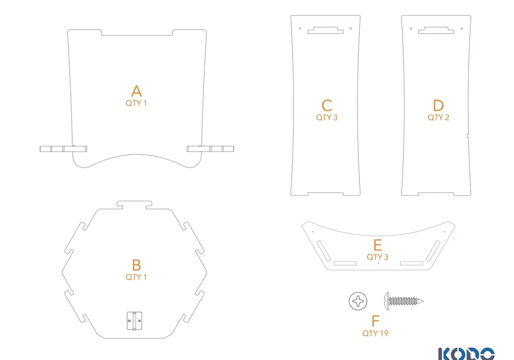 Cozy Cubby assembly guide parts page showing door panel A, hexagonal floor B, wall panels C and D, top rails E and screws F with quantities