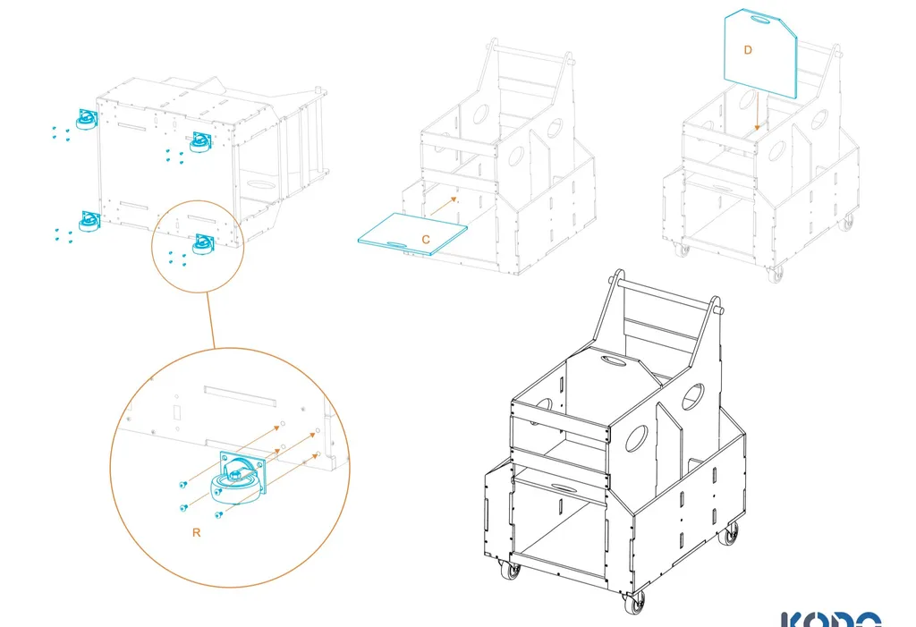 Final Ramp Cart instruction page: casters screwed to the base with a detail callout, shelves C and D slid in, and the finished cart