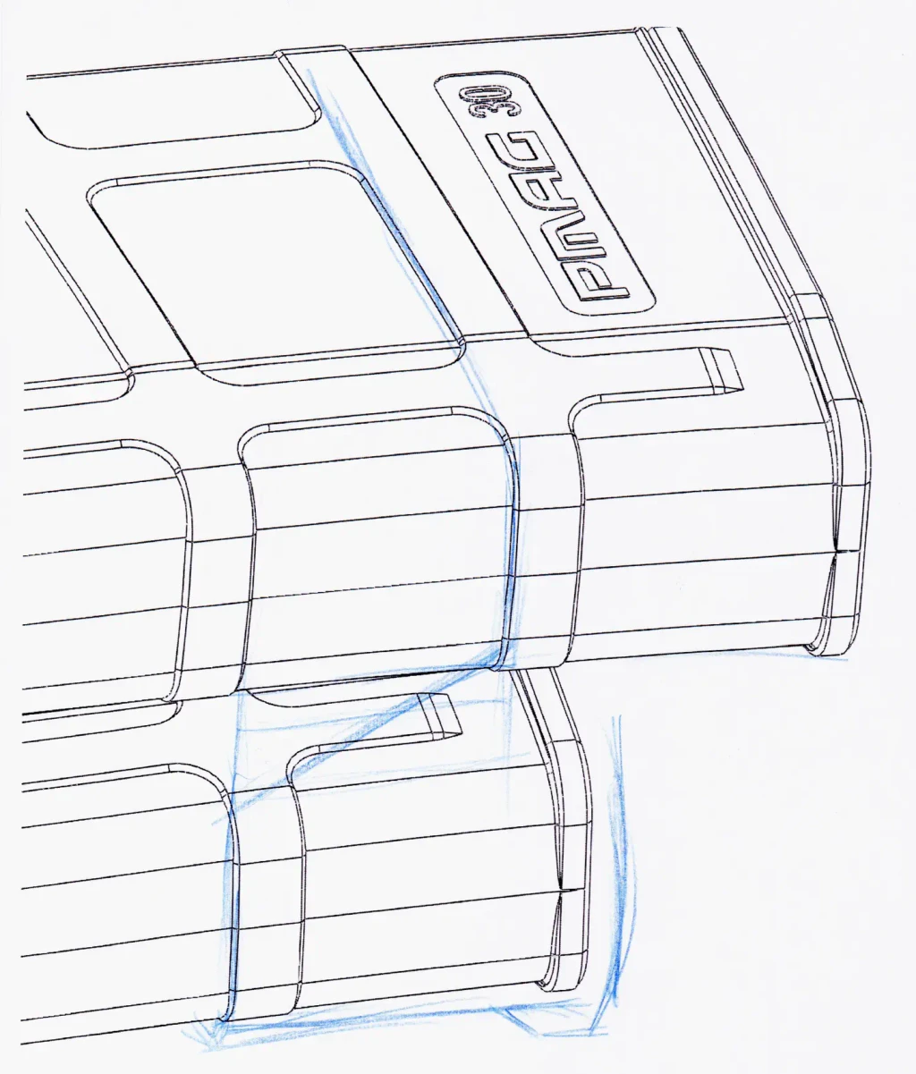 Blue pencil sketch of a coupler band drawn over a black line drawing of two stacked PMAG 30 magazines