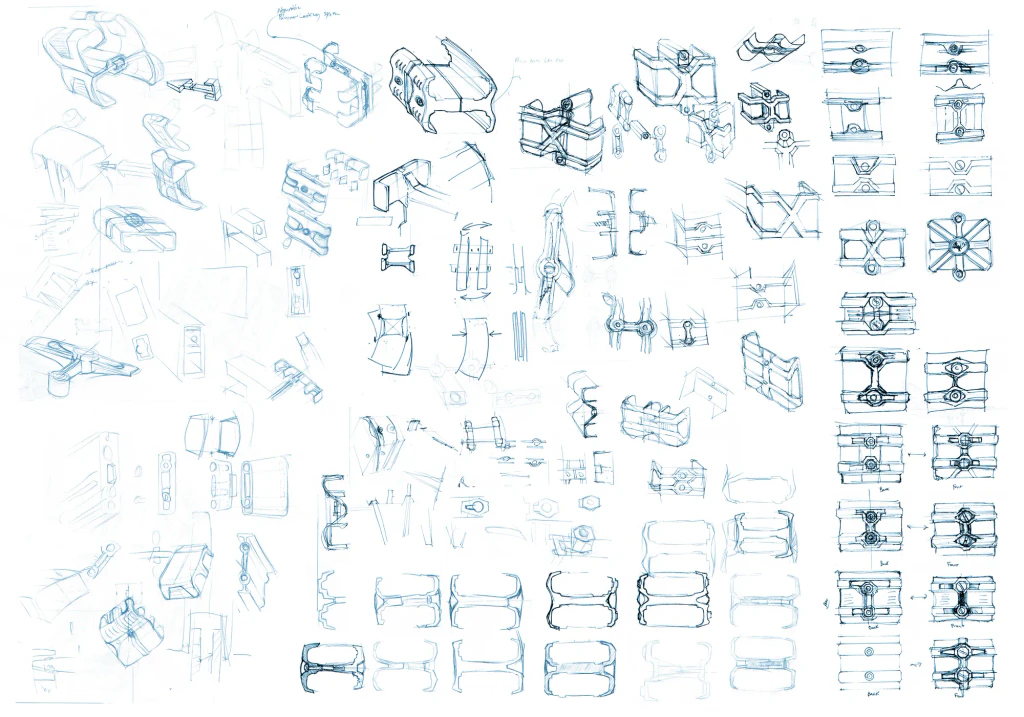 Sketch sheet with dozens of coupler concepts: floor-plate clips, wraparound bands, X-braced frames, and rows of two-bolt clamp variations seen from front and back