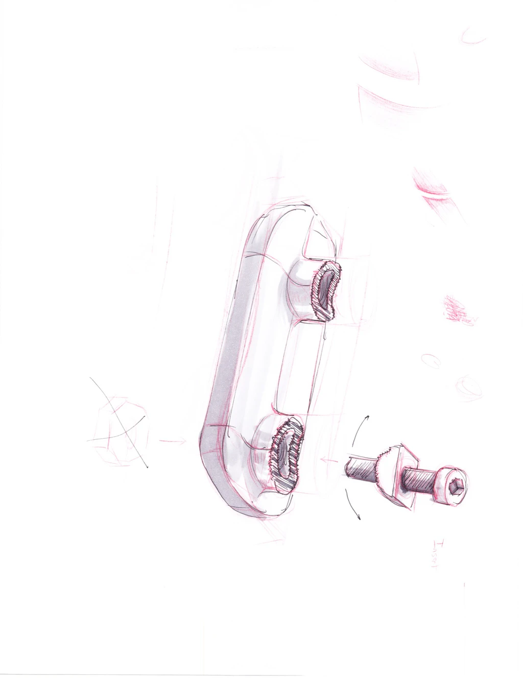 Marker sketch of an elongated adapter plate with two textured slots and a separate bolt