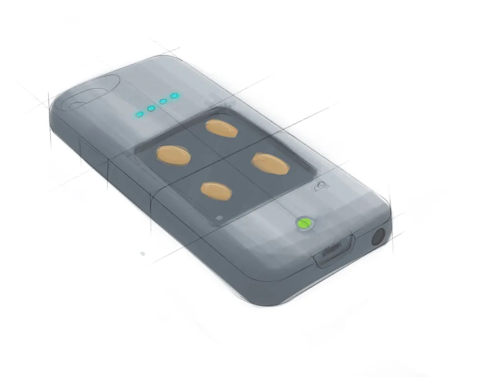 Digital rendering of a slim gray device with four amber buttons, a row of teal indicator lights and a green status light