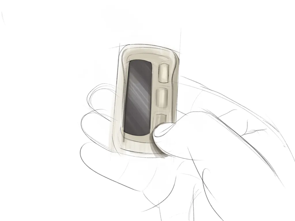 Digital rendering of a small device with a display held in a line-drawn hand