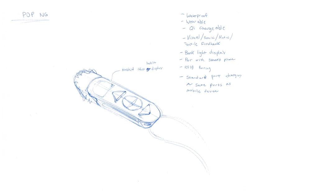 Blue pencil sketch titled POP NG of a slim wearable device with a display and arrow buttons, with a handwritten feature list: waterproof, wearable, Qi chargeable, visual, sonic and haptic feedback, backlit display, smartphone pairing, RFID pairing