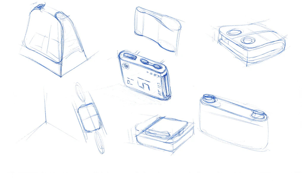 Sheet of blue pencil sketches exploring a wristband-mounted device alongside smaller clip and pendant forms