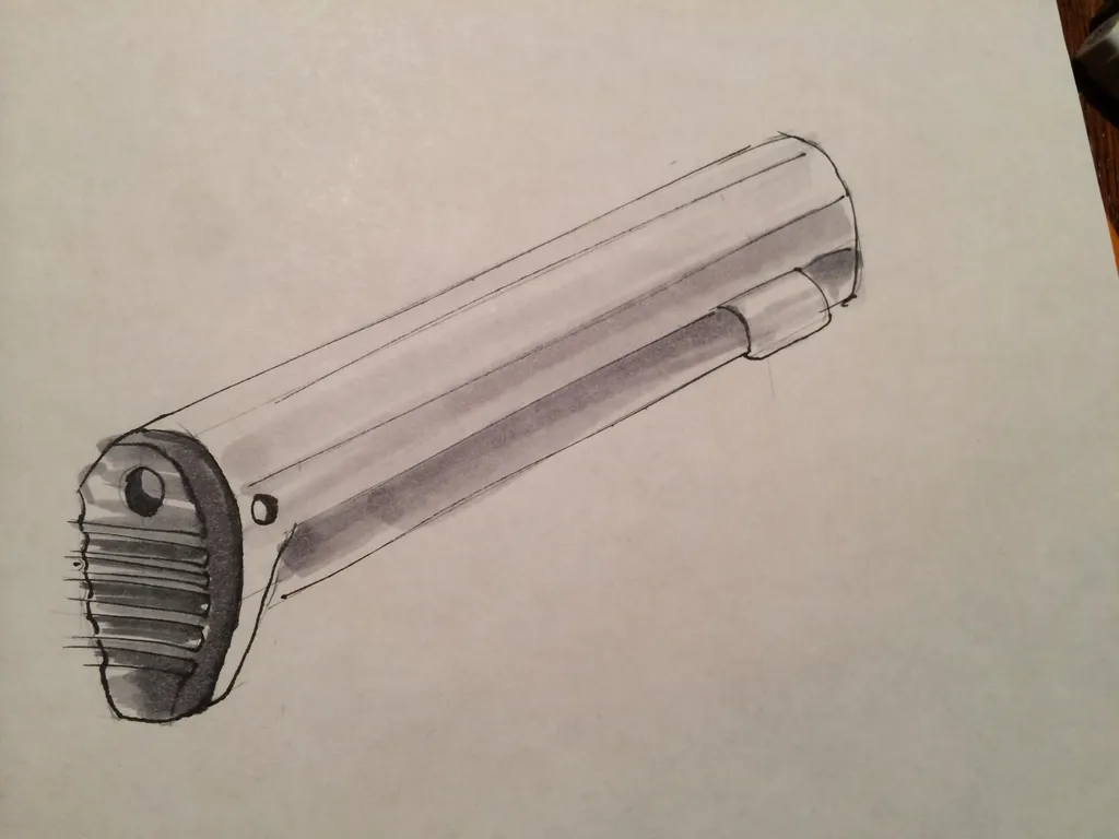 Shaded pencil sketch of a tube-style stock with a ribbed buttpad