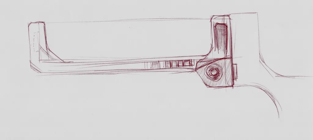 Red and pencil sketch of a thin folding stock with a hinge block at the receiver