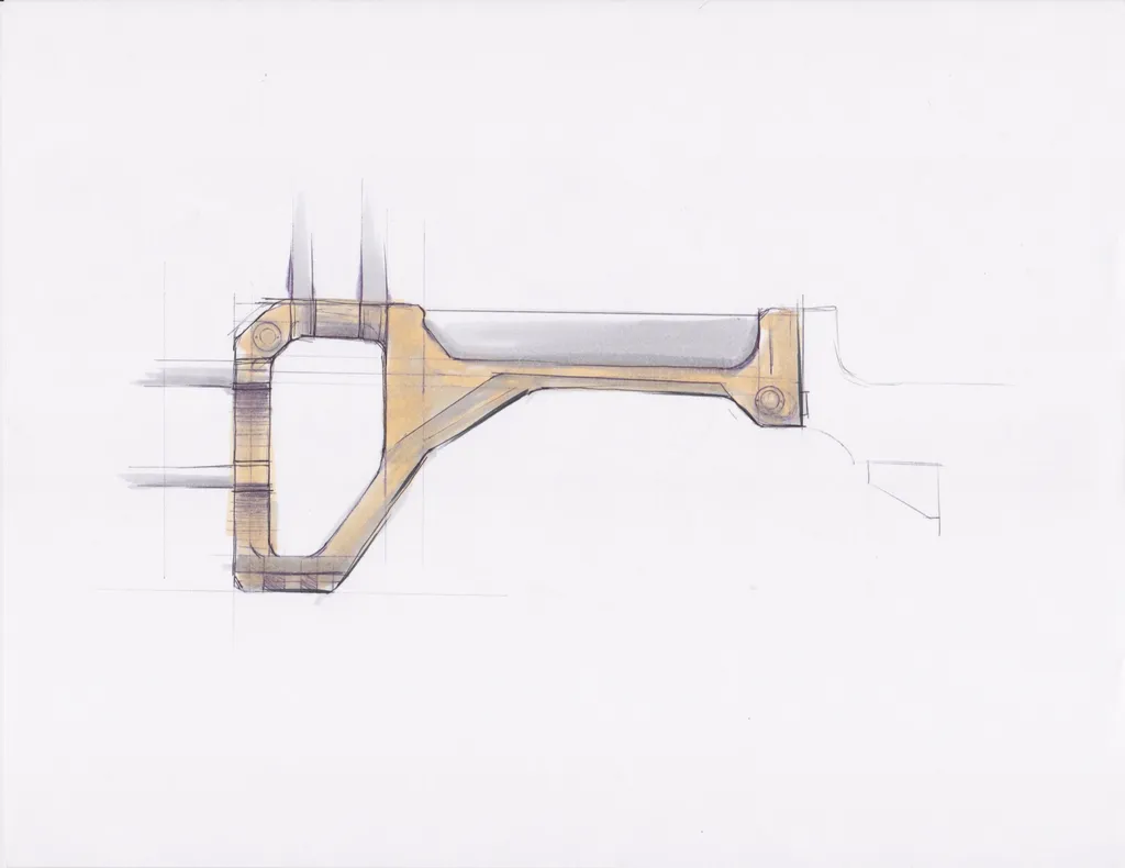 Marker sketch of a tan open-frame skeleton stock in side view