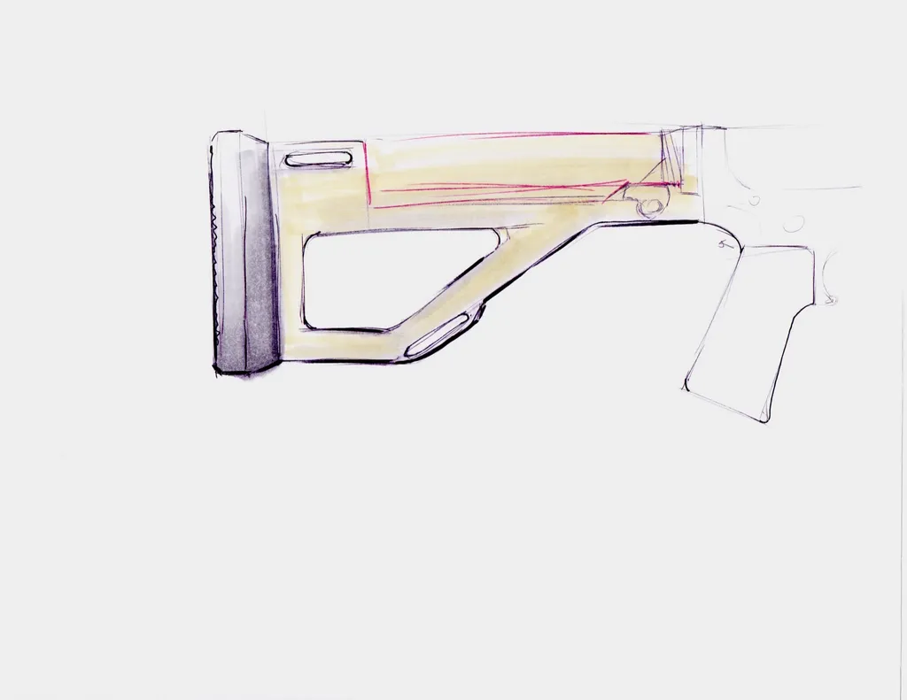 Marker sketch of a tan stock with an angled lower brace and a dark buttpad, attached to a line-drawn receiver and grip