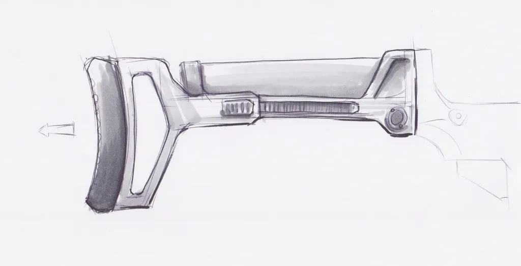 Marker sketch of a gray telescoping stock with a curved buttpad and adjustment slots