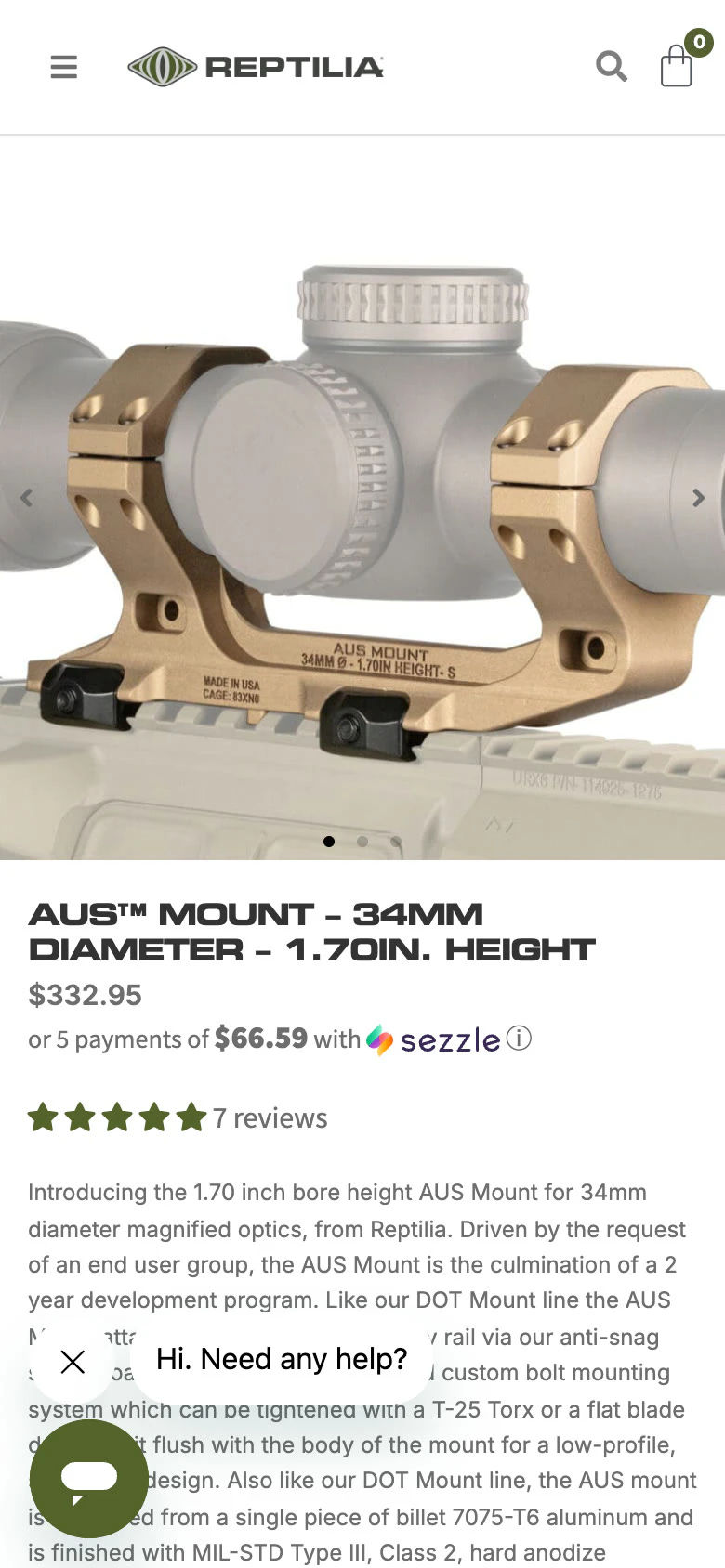 Live AUS Mount 34 mm 1.70 in product page on a phone: product photo, all-caps title, price, reviews, and a long description partly covered by a chat widget