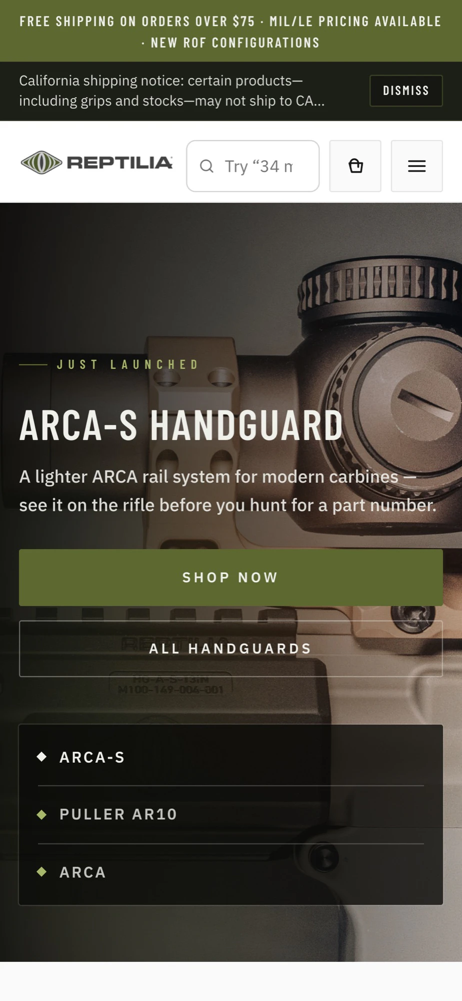 Prototype mobile home screen for Reptilia: shipping banner, dismissible California notice, compact header with search, and an ARCA-S Handguard hero with Shop Now button