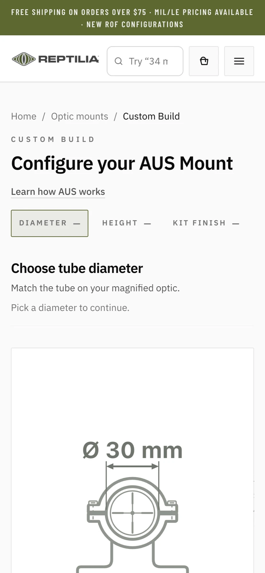 Prototype Configure your AUS Mount screen inside the store header, with Diameter, Height and Kit Finish steps and a 30 mm tube diameter diagram