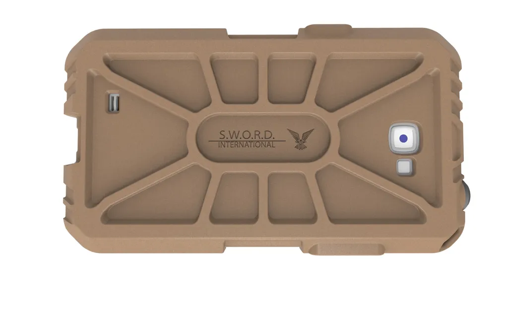 Rendering of the back of the tan case showing reinforcing ribs, a camera opening and a Sword International logo