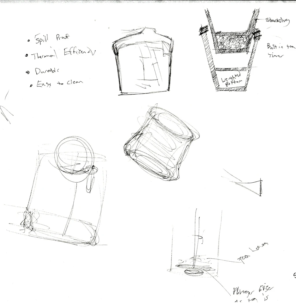 Pencil concept sketches of mug and infuser ideas