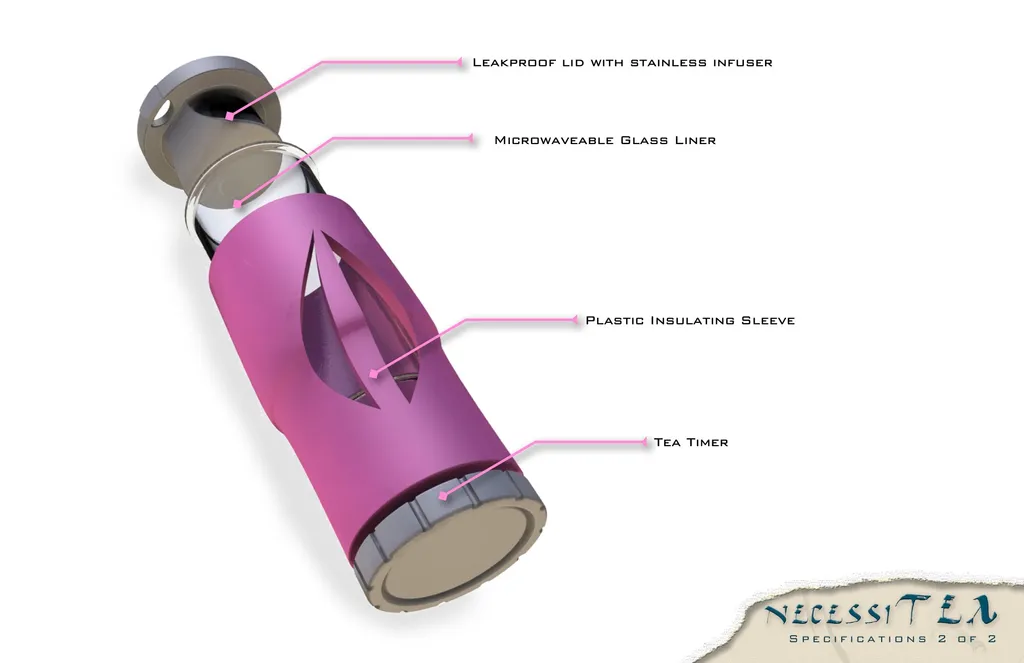 Exploded view labeling the infuser lid, insulating sleeve, glass liner and tea timer