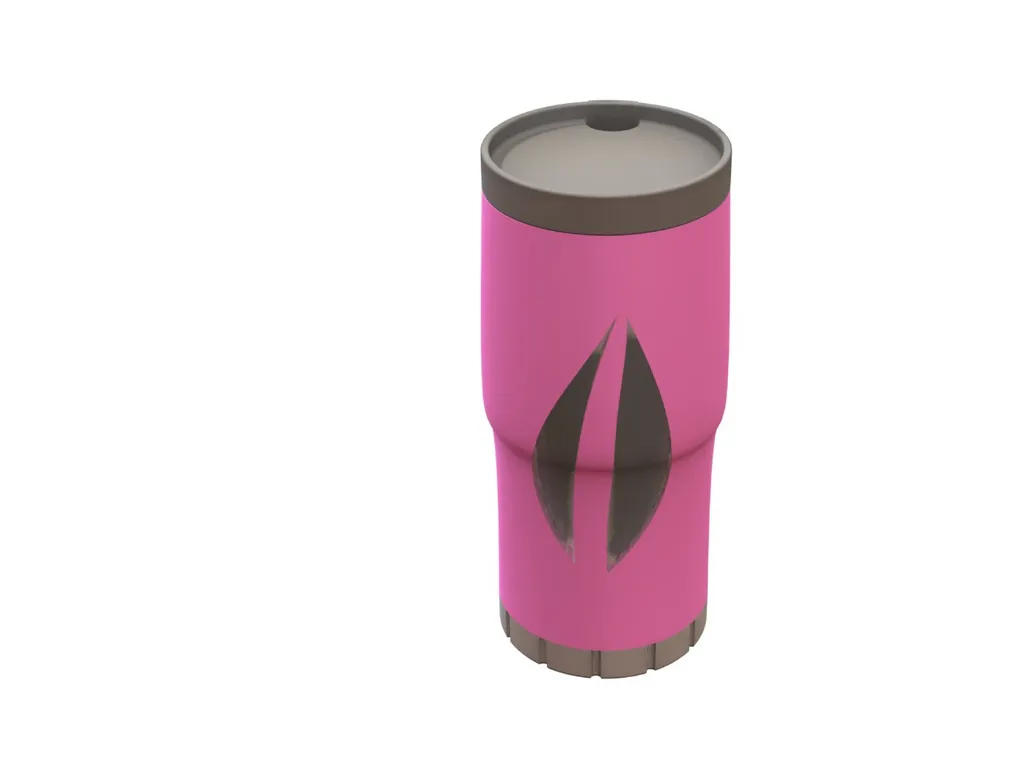 Render of the mug with a pink sleeve and a dark leaf-shaped window