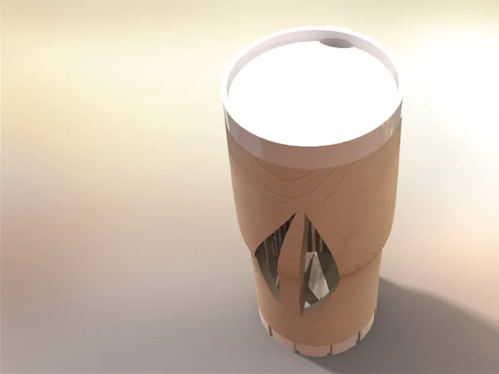 Render of a tall tea mug with a tan sleeve, leaf-shaped cut-out and white lid