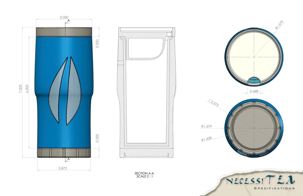 Spec sheet with a blue mug render, a section view and top and bottom views