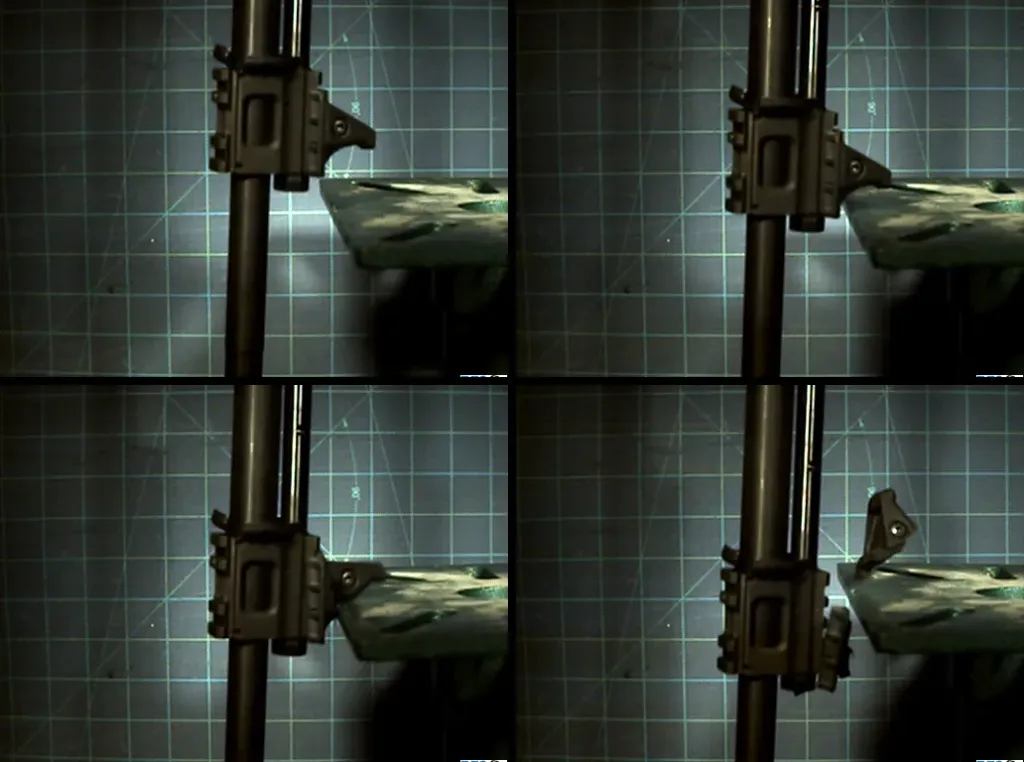Four high-speed video frames in a grid: the hand stop approaches a ledge, strikes its edge, shears off the rail, and flies free