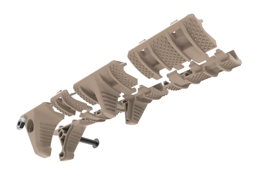 Exploded render of the kit in flat dark earth: the two-part hand stop with its bolt and nut, the finger index, and textured half and full covers in a line
