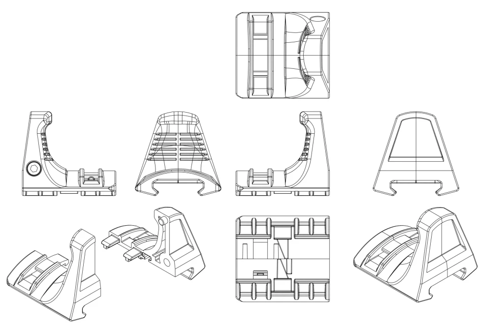 Multi-view line drawing of the finger stop: top, side, front, and rear elevations, bottom view, and three perspective views