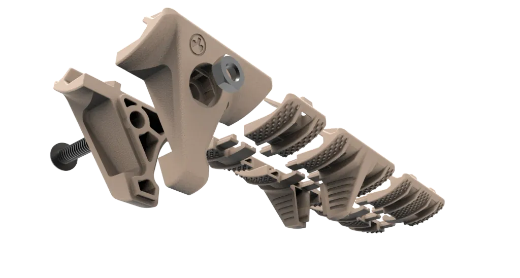 Render of the two-part hand stop separated, showing triangulated internal ribs inside the clamp half